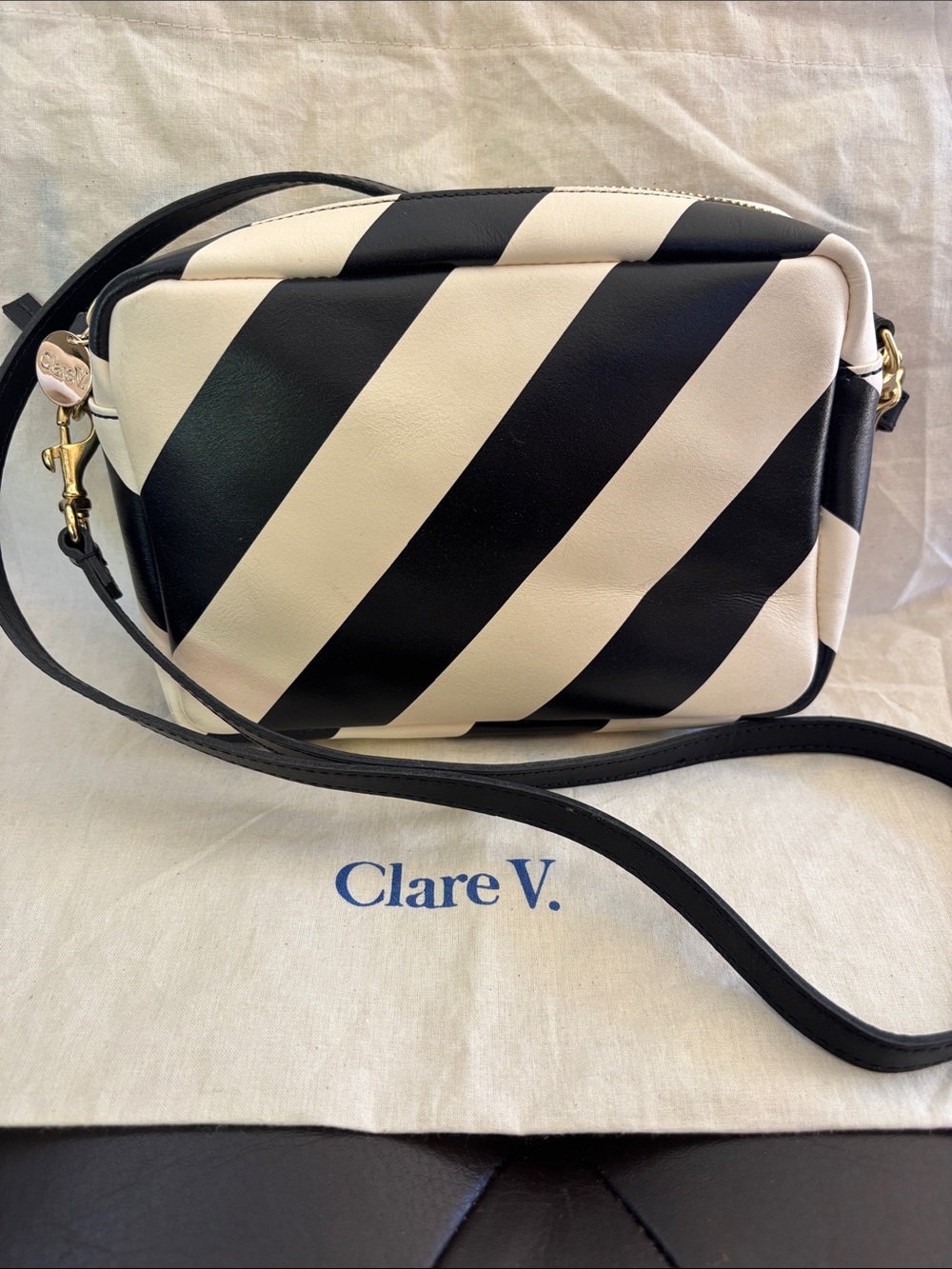 Clare V Midi Sac Black and Cream Diagonal Stripe Leather Crossbody